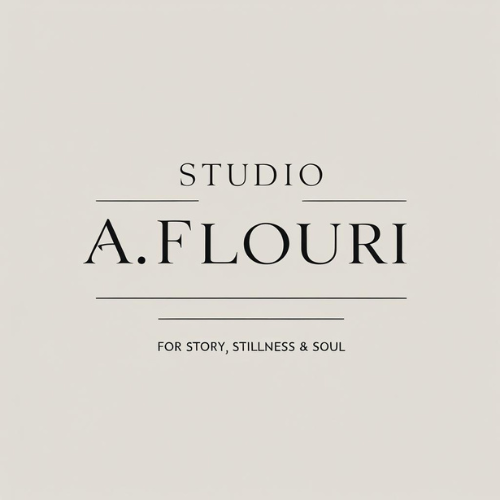 Studio A.Flouri elegant wordmark logo with serif font and tagline “For story, stillness & soul” in muted tones